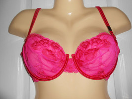 Victoria&#39;s Secret Sexy Little Things Hot Pink Red Trim Lace Demi Bra Sz 32D $48 - £19.28 GBP