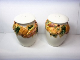 Fall Harvest Pumpkin Corn Theme Ceramic Salt &amp; Pepper Shakers Vintage Unused - £15.60 GBP