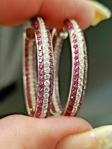 2.20Ct Round Cut VVS1/D Diamond &amp; Ruby Large Hoop Earrings 14K White Gold Finish - £88.56 GBP