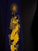 Navy ALL silk tie Oriental embroidered dragons gift for him OOAK anniver... - £75.06 GBP