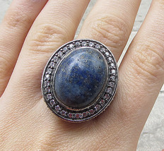 925 Silver - Lapis Lazuli Topaz&amp; Marcasite Cocktail Ring Sz 6.5 - RG1656 - £39.01 GBP