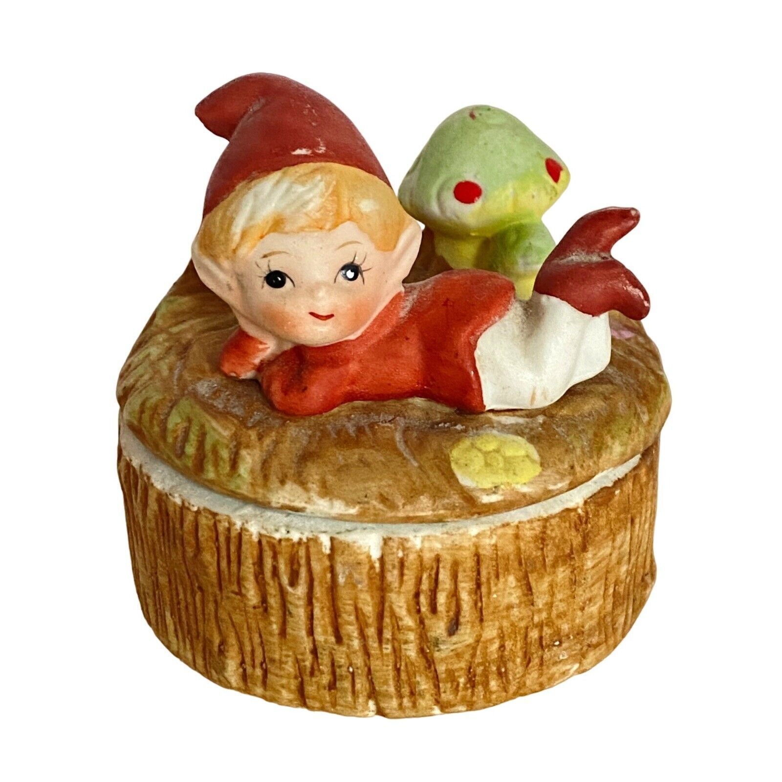 HOMCO Pixie Elf Toadstool Mushroom Trinket Box Hand Painted Log Porcelain Vtg - $14.95