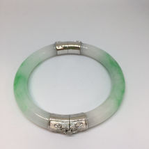 Authentic Jadeite Hinged Bangle Bracelet with 14K White Gold and Diamonds - $1,395.09