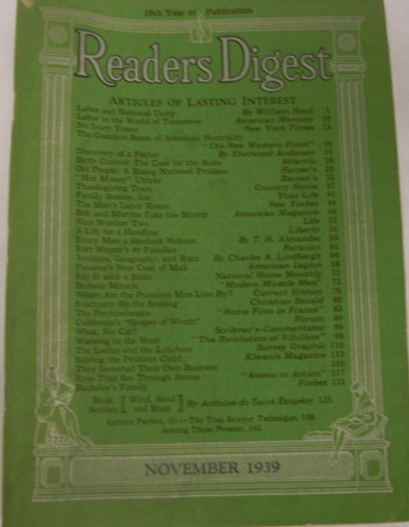 .  Reader’s Digest, Eighteenth Year of Publication. November 1939. - $25.00