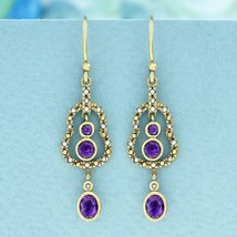 Natural Amethyst and Pearl Vintage Style Dangle Earrings in Solid 9K Yellow Gold - £638.00 GBP