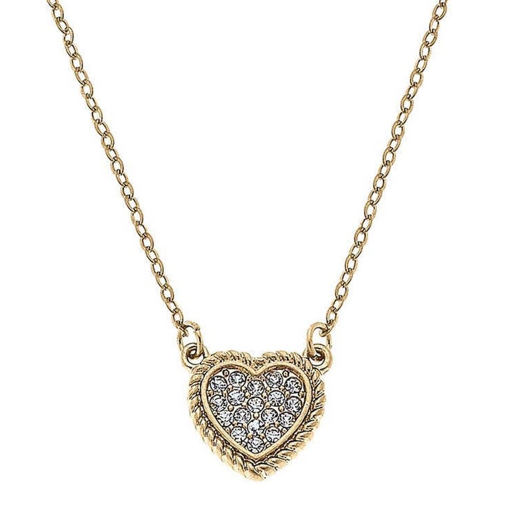 Corrine Pavé Heart Charm Necklace in Worn Gold