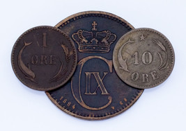 Lot of 3 Denmark Coins 1875 - 1884 Fine - VF Condition 1 - 10 Ore - $99.61 CAD