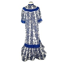 Vintage 70s Prairie Cottagecore Maxi Muumuu Dress Bib Yoke Lace Blue Ruffled - £73.57 GBP