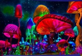 79x59&quot;Fluorescent Colors Mushrooms Starry NightSky Black LT Tapestry WallHanging - £14.11 GBP