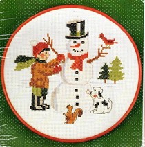 Vintage New Berlin Counted Cross Kit Snowman w 7&quot; Hoop Boy Building Snowman Cute - £16.88 GBP