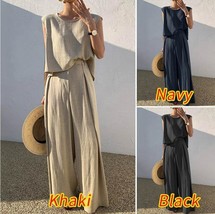 Linen fashion casual sleeveless top and loose wide-leg pants two-piece set - £25.79 GBP