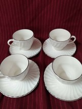 Unmarked White Swirled Platinum Rimmed China 4 Coffee Tea Cups and Saucers EUC - £10.95 GBP