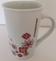 Starbucks Christmas Holiday Red &amp; Gold Floral Snowflake Coffee Mug Tea Cup 12 Oz - £7.75 GBP
