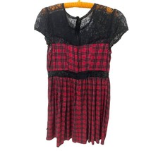 Vintage Y2k Grunge Red Plaid School Girl Pleated Dress Black Lace Accents - $24.74