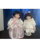 Lot Of 2 Porcelain Girl Dolls, Sisters, Brown Hair &amp; Eyes Vintage. 8” H ... - £18.27 GBP