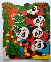 Christmas Greeting Card Panda Bears Diecut Foldout Standup Retro Mid Century Mod - £10.20 GBP