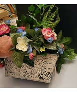 CREAM TIN RECTANGULAR PLANTER WITH HANDLES FILLED WITH FLOWERS - $20.00