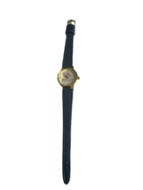 Avon Miles Of Smiles Goldtone Watch Blue Leather Band Lips Second Hand - $23.32