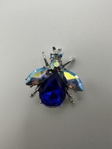 Vintage Silver Blue and Iridescent Rhinestone BEE Brooch 3.2cm - £15.92 GBP