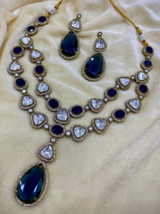 Indian Style Gold Forming Bollywood Style Necklace Kundan CZ Blue Jewelry Set - £152.34 GBP