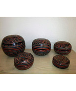 Thai VINTAGE LACQUER Round Nesting BOWLS Boxes Set of 5 Hand Decorated - £89.71 GBP