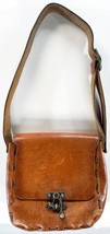 Vintage 1970s Hand Tooled Brown Leather Purse Saddle Bag Boho Hippie Metal Latch - £39.50 GBP