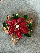 Beautiful Layered Red Poinsettia Flower w Green Enamel Leaves &amp; Gilt Leaves - £10.46 GBP