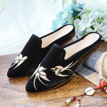 Swallow Embroidered Women Velvet Cotton Fabric Pointed Toe Flat Slippers Summer  - £21.64 GBP