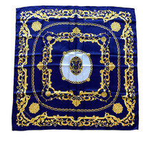 FABERGE Large Silk Scarf 32”x32” Navy Blue Gold Square Baroque Print - $73.60
