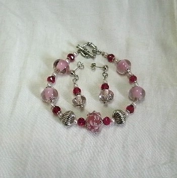 Primary image for Cotton Candy Pink Lampwork Glass Rondel Bracelet Earring Set