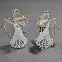 Spun Glass Angeles Playing Harp &amp; Flute Instruments Christmas Ornaments x2 - $232.31 MXN