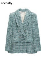 Women Tweed jacket 2022 New Fashion Double Breasted Tweed Blazer Coat Vintage Lo - £114.13 GBP