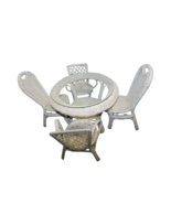 White Wicker Doll Furniture Miniature 5 Pc Set Glass Table Top 15&quot;Diam 12&quot;T - $38.61