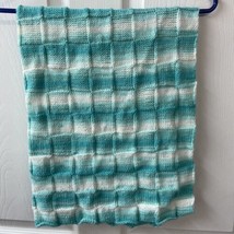 Hand Knit Baby Afghan Blanket Green White 27 by 31 inches - £12.27 GBP