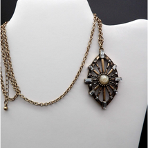 Bronze Tone Chain and Pendant Starburst Necklace with Clear Rhinestones 30&quot; - $8.90