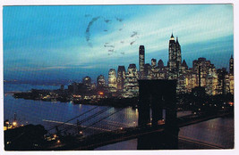 Postcard New York City NY Nightfall In Lower Manhattan Brooklyn Bridge - $2.75