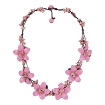 Cute Flower Garden Pink Leather and Red Coral Choker Necklace - $19.79