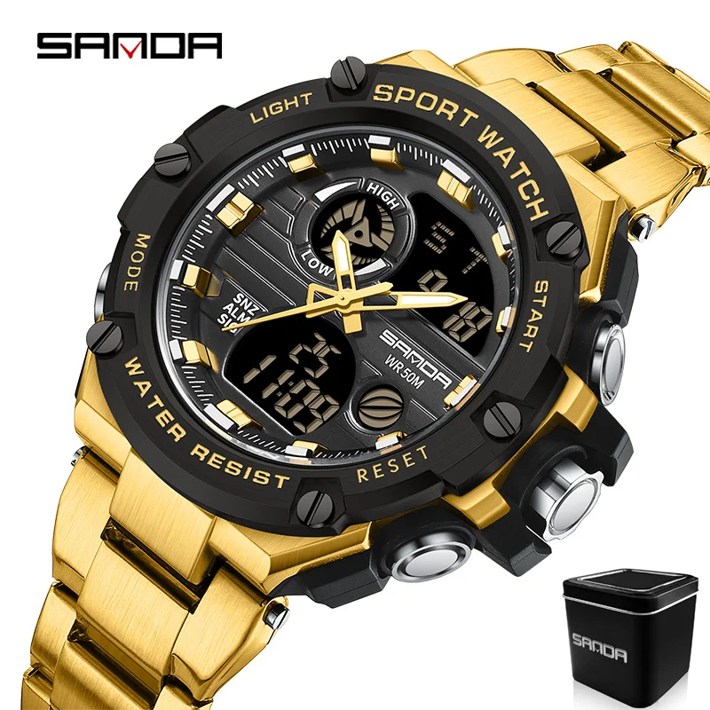 Watch SANDA 3196 2024 New   Men&#39;s  50M Waterproof Dual Display Wristwatch Male C - $64.97