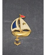 Avon Vtg Enamel Sailboat Pin Brooch Gold Tone Anchor Nautical Red Blue Star - $13.65 CAD