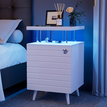 LED Nightstand White Bedside Table End Tables with 4 Acrylic Columns for... - £108.92 GBP
