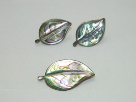 VTG Alpaca Mark &amp; .925 Sterling Silver Abalone Leaf Earrings Pin Brooch Demi Set - $32.67