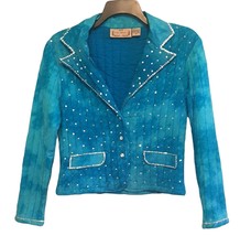 L Vintage Teal Tie Dyed Quilted Blazer Sparkly Sequins New - £34.24 GBP