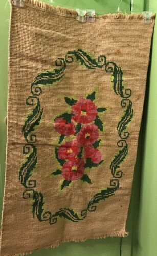 Primary image for Vintage Floral Needlepoint 24" X 42" Rug Burlap Backed Handmade