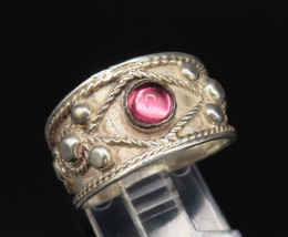 925 Silver - Vintage Beaded Detail Cabochon Tourmaline Ring Sz 8.5 - RG2... - £29.60 GBP