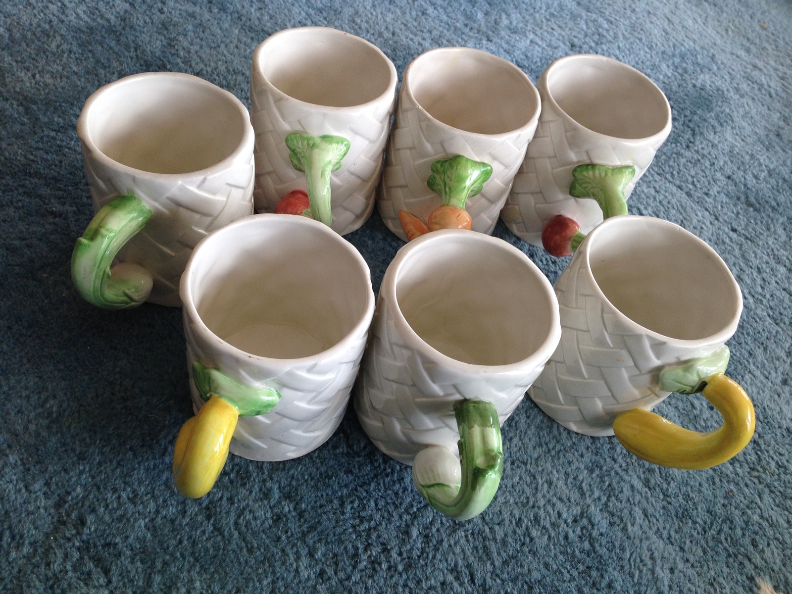set of 7 ceramic mugs with vegetable handle motif - $49.99