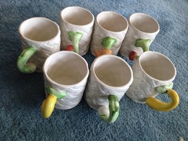 set of 7 ceramic mugs with vegetable handle motif - £39.22 GBP