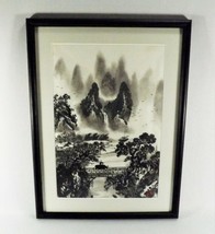 Antique Chinese Ink Brush Painting Landscape Rice Paper Round Red Seal F... - $91.16
