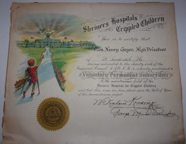 Vintage Shriners Hospital Certificate For Voluntary Permanent Subscriber  - $56.91 MXN