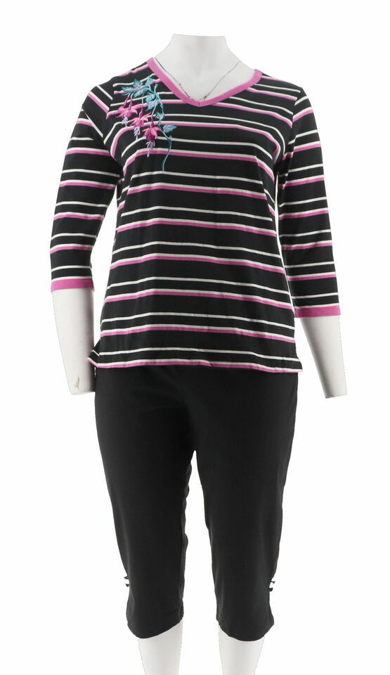 Bob Mackie Floral Embroidered Knit Top and Crop Pants Set-Black-XS - $9.49