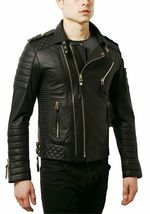 Men&#39;s Black Leather Biker Racer Slim-Fit Soft Lambskin Jacket - £143.45 GBP